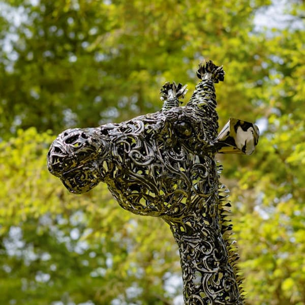 Towering Giraffe Metal Garden Pair Close Up of Head Garden Statue
