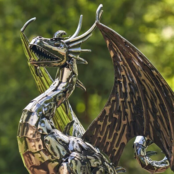 Close up a Iron Dragon Statue Head and wings fierce garden sculpture