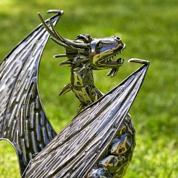 Close Up of Dragons Face Dragon Statue Forged Iron Sculpture Wings