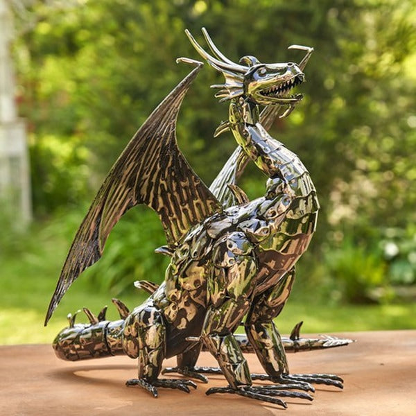 Side View of Wings Dragon Statue Forged Iron Sculpture Spiked Head