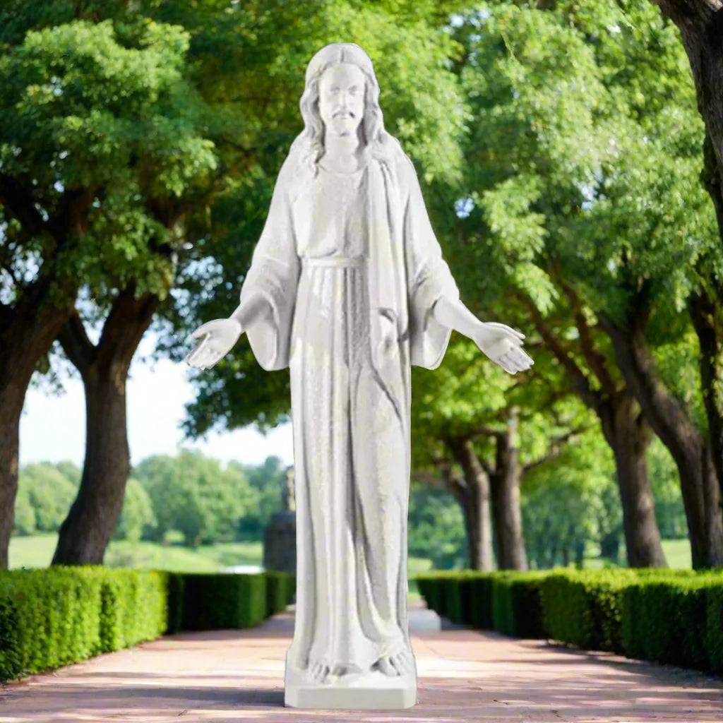 Authentic Italian marble Jesus statue, life-size and grand in scale, shown in an open-air spiritual courtyard with formal landscaping