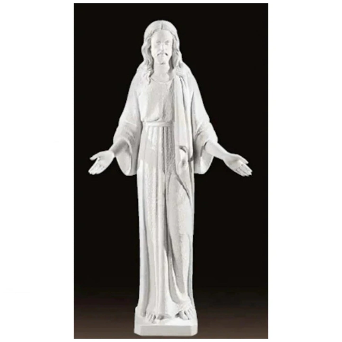 Authentic Italian marble Jesus statue, life-size and grand in scale, shown in an open-air spiritual courtyard with formal landscaping