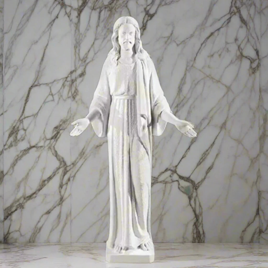 Authentic Italian marble Jesus statue, life-size and grand in scale, shown in an open-air spiritual courtyard with formal landscaping