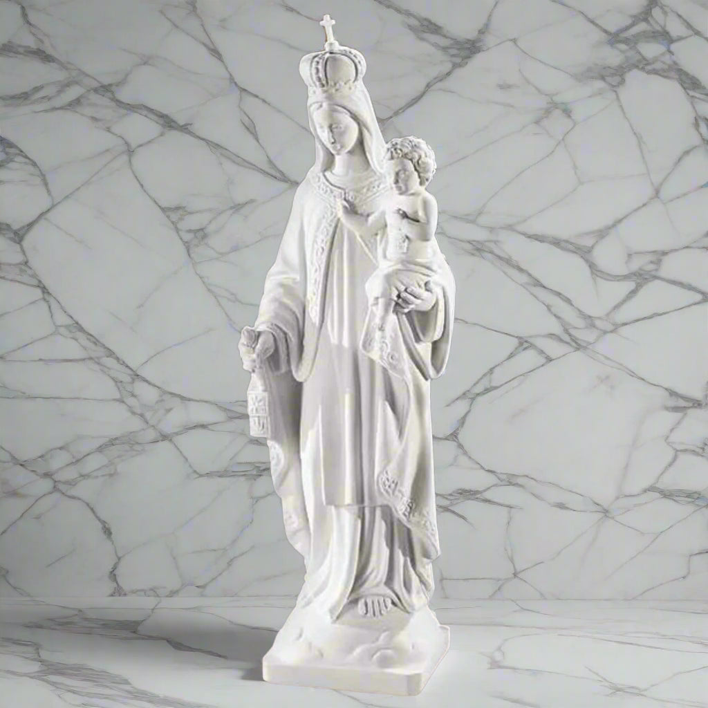 Our Lady of Mount Carmel sculpture, 32" tall in Italian marble, shown in a clean marble studio setting to highlight detail and finish