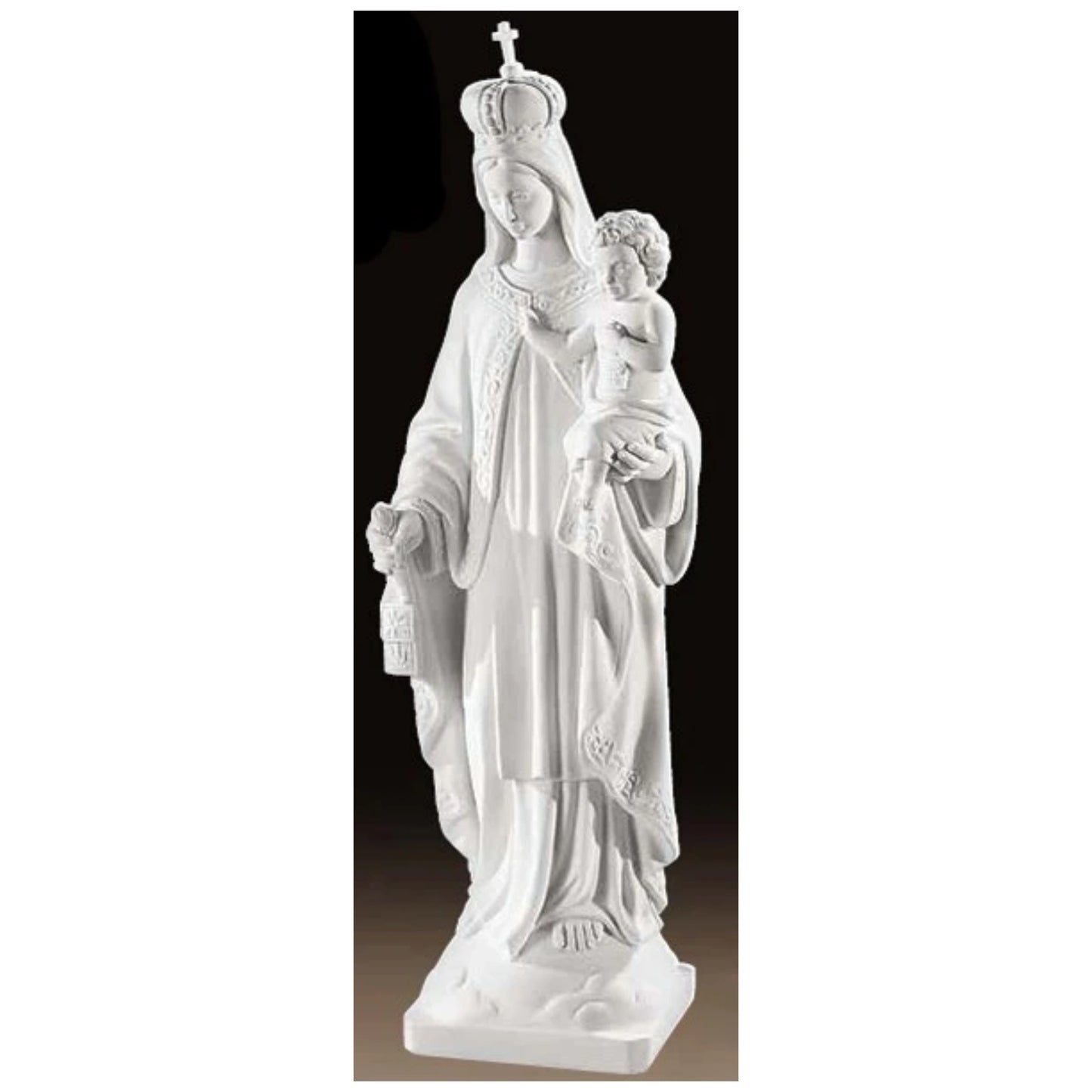 Old photo from Italy of a 32-inch Lady of Mount Carmel statue in white Italian marble.