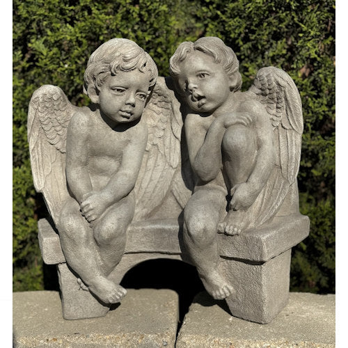 Angels Talking On Bench Sculpture Garden Cement Memorial Whispering Cherubs