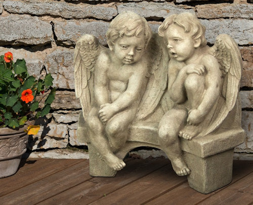 Angels Talking On Bench Sculpture Garden Cement Memorial Whispering Cherubs