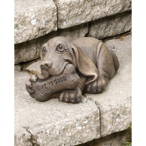Life Is Good Basset Dog Garden Statue with Bone Hound Puppy Cement
