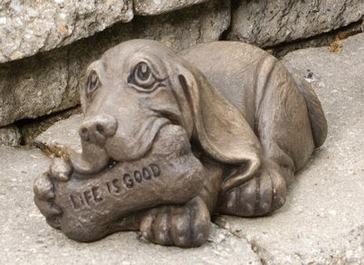 Life Is Good Basset Dog Garden Statue with Bone Hound Puppy Cement Made in America