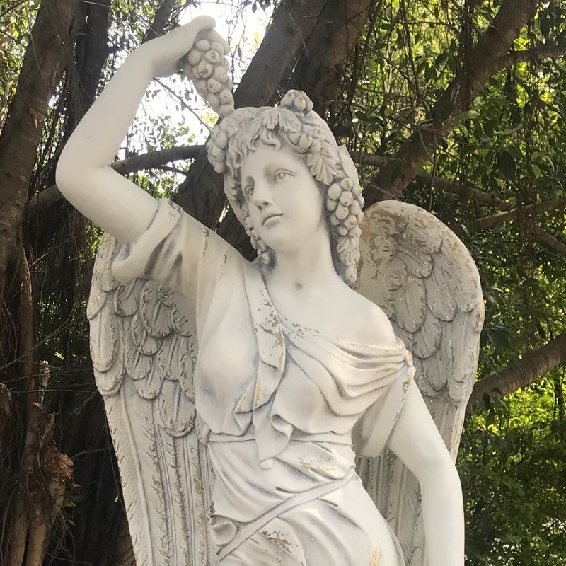 Face Close up Angel of the Harvest Life-Size Garden Sculpture with Grapes and Fruit Basket