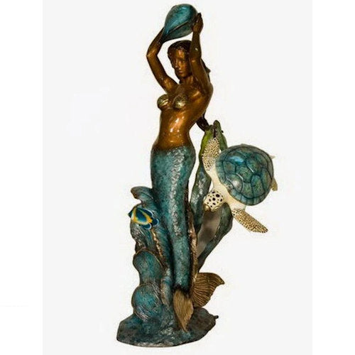 Life Size Bronze Mermaid with Sea Turtle and Shell Statues Sculptures fountain water feature