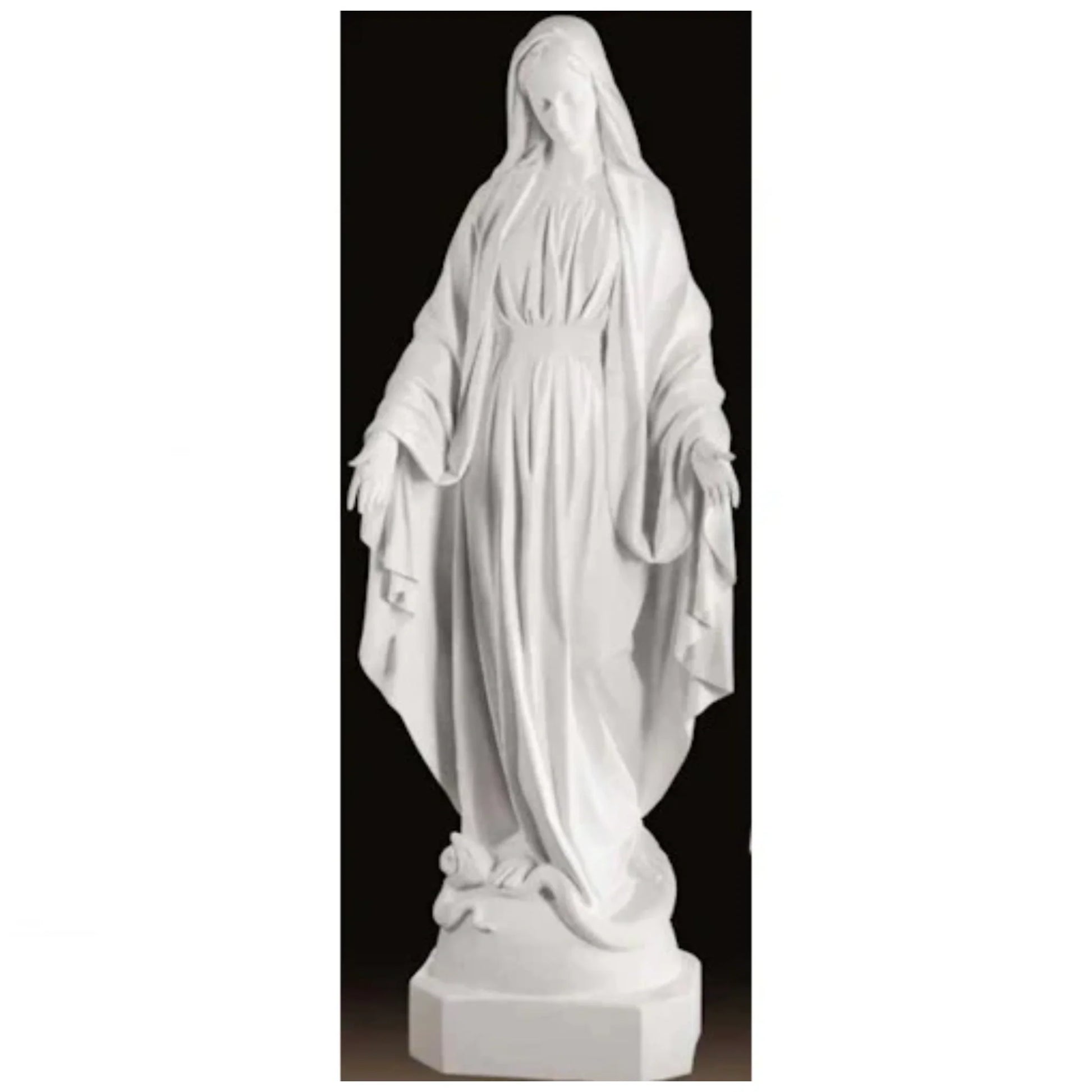 Bonded marble Virgin Mary statue, life-size and serene, shown outdoors with flowers and greenery surrounding a memorial-style base