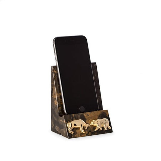 Stock Market Marble Phone Stand Tiger Eye with Brass Bull and Bear Relief