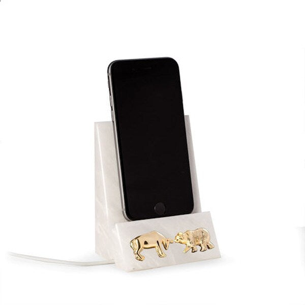 Stock Market White Marble Phone Stand with Brass Bull and Bear Gift