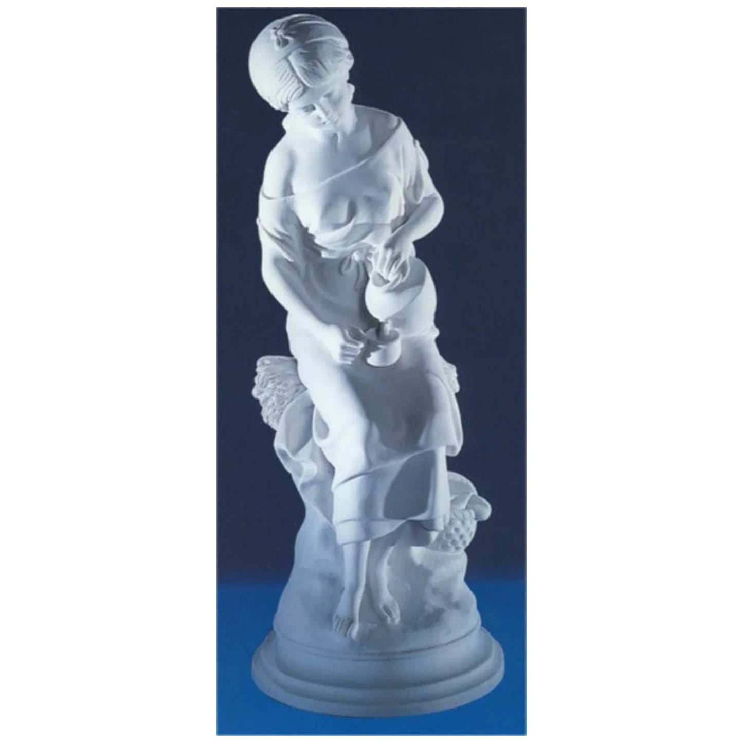 25.25-inch Italian marble Maiden with Jug statue, displayed in an outdoor garden with trimmed greenery.