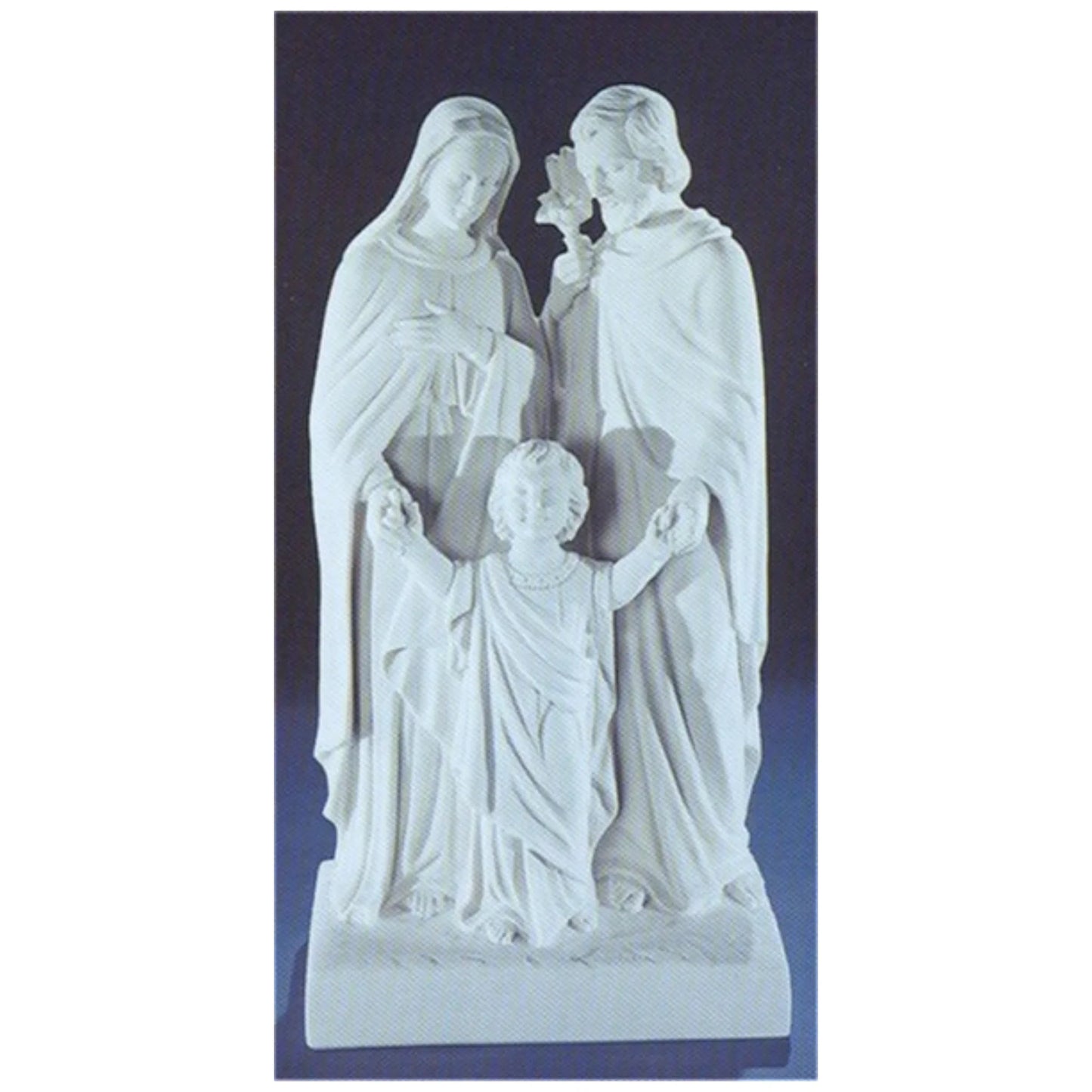 20-inch Sacred Family statue in white Italian marble, displayed outdoors in a garden setting with soft natural lighting