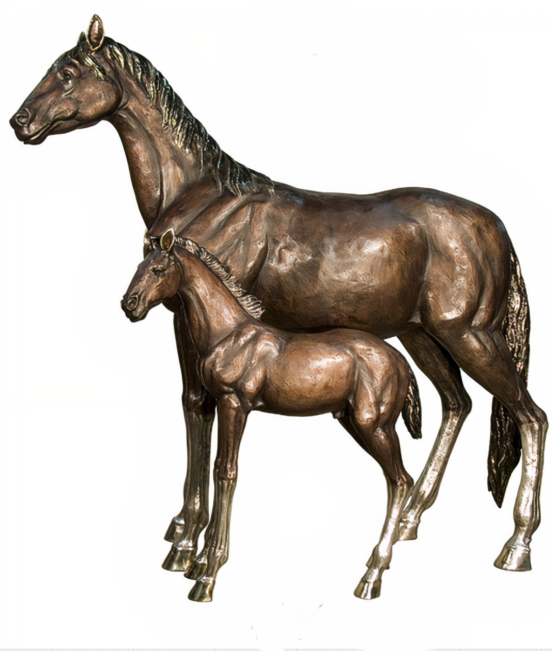 Bronze statue of a mare and foal on a white background Life-size sculptures