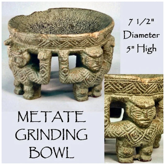 Aztec-style decorative metate grinding bowl with tribal figures holding up a textured mortar basin.