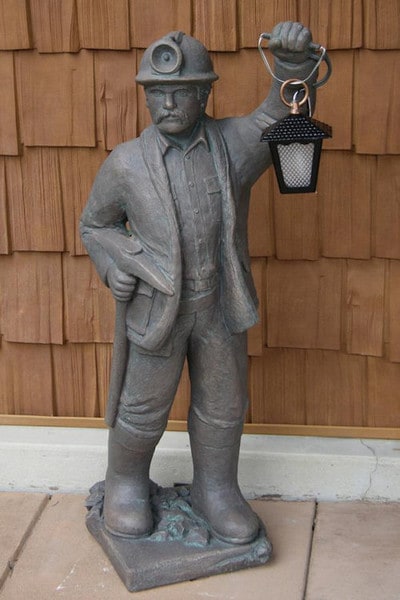 Miner Sculpture with Lantern Cement Statue Pick Axe underground