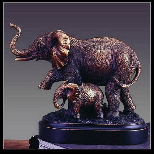 Mother and Calf Elephant Sculpture Wildlife Fine Artwork Decorative Duo Sculpture on Base for Trophies and Gifts