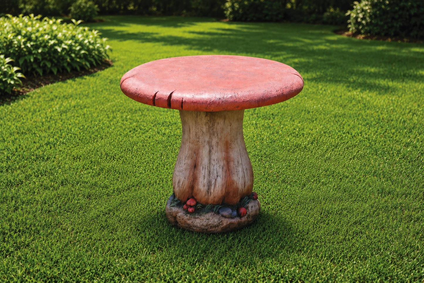 Mushroom garden table in detailed stain finish made of cement