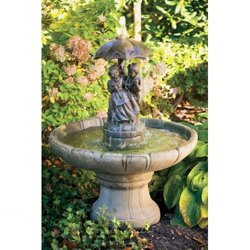 One Tier Fountain with Girl and Boy Under an Umbrella Cement Durable