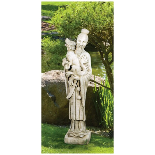 Oriental Mandarin Man Holding Dragon 40" High Cast Stone