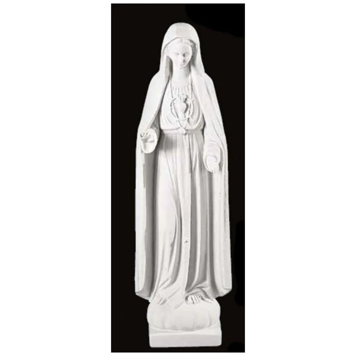 37.5-inch Italian marble Our Lady of Fatima statue, displayed in a landscaped prayer garden with flowers and soft natural surroundings