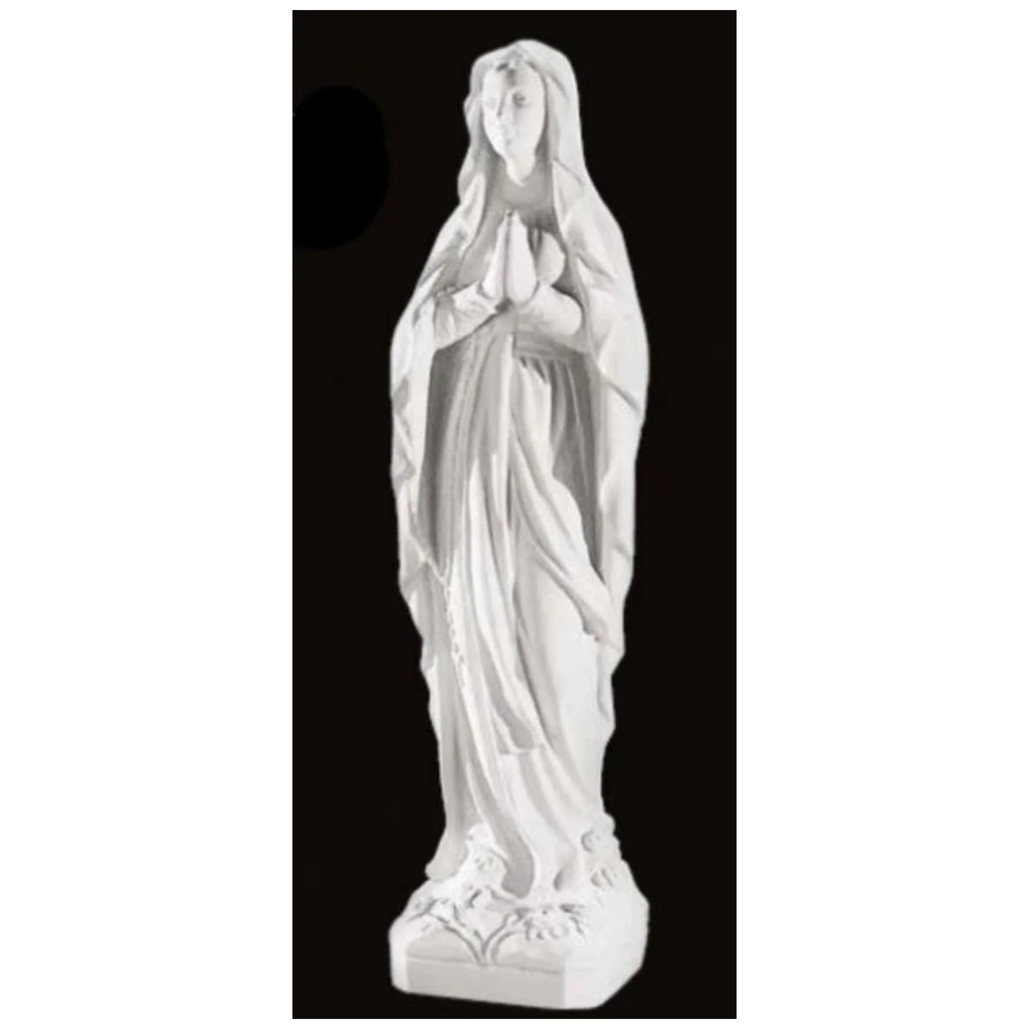 43.5-inch Our Lady of Lourdes statue in white Italian marble, displayed in a tranquil garden shrine with floral arrangements and greenery