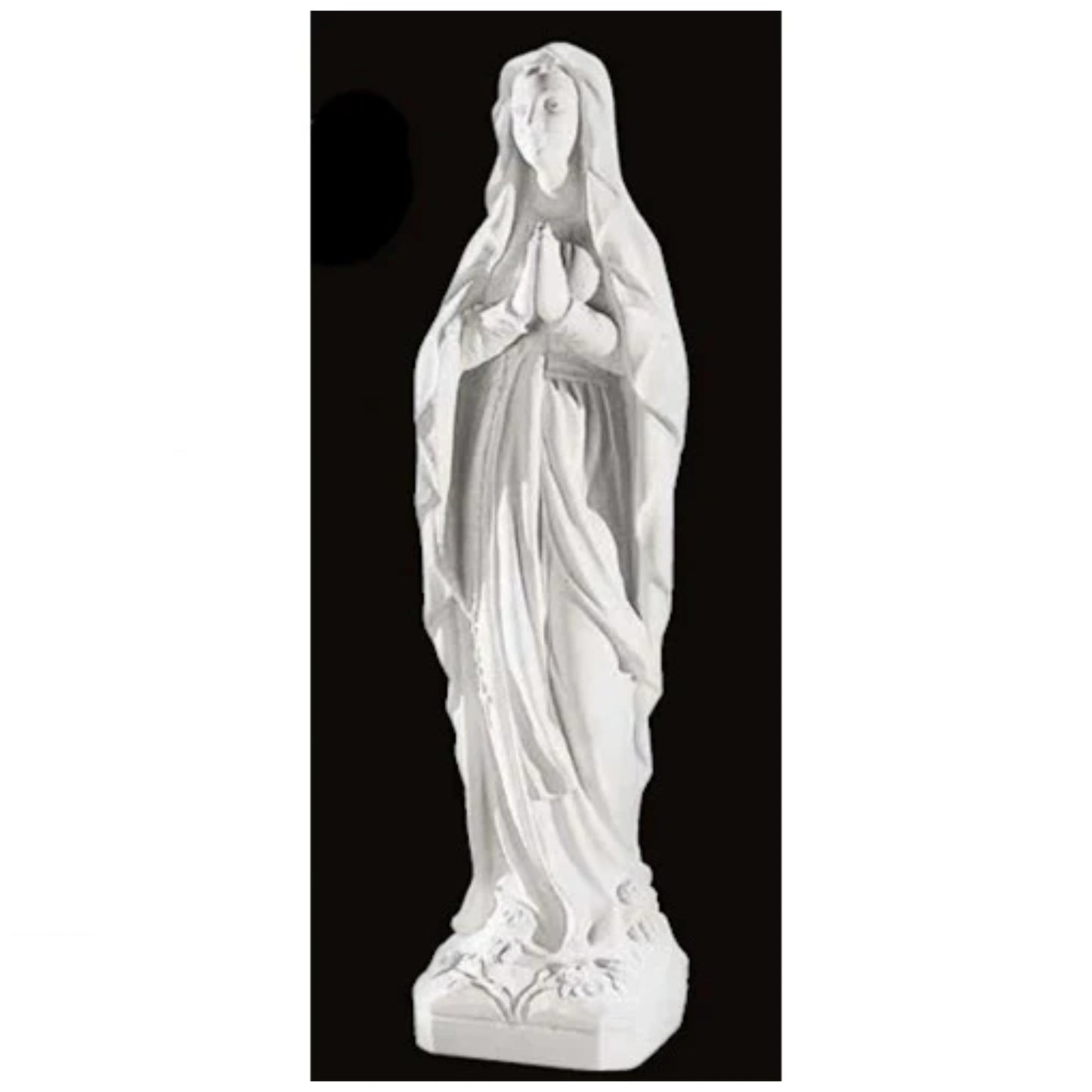 60.25-inch Italian marble Our Lady of Lourdes statue, placed in a beautifully landscaped garden shrine with surrounding flowers and stones