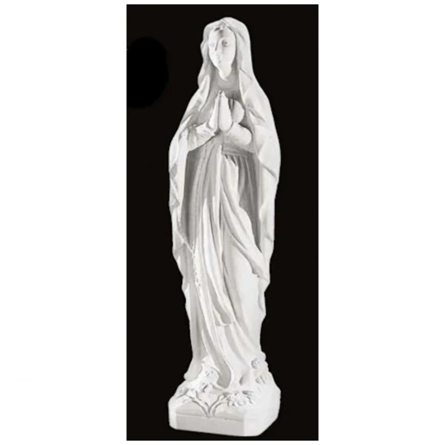 60.25-inch Italian marble Our Lady of Lourdes statue, placed in a beautifully landscaped garden shrine with surrounding flowers and stones