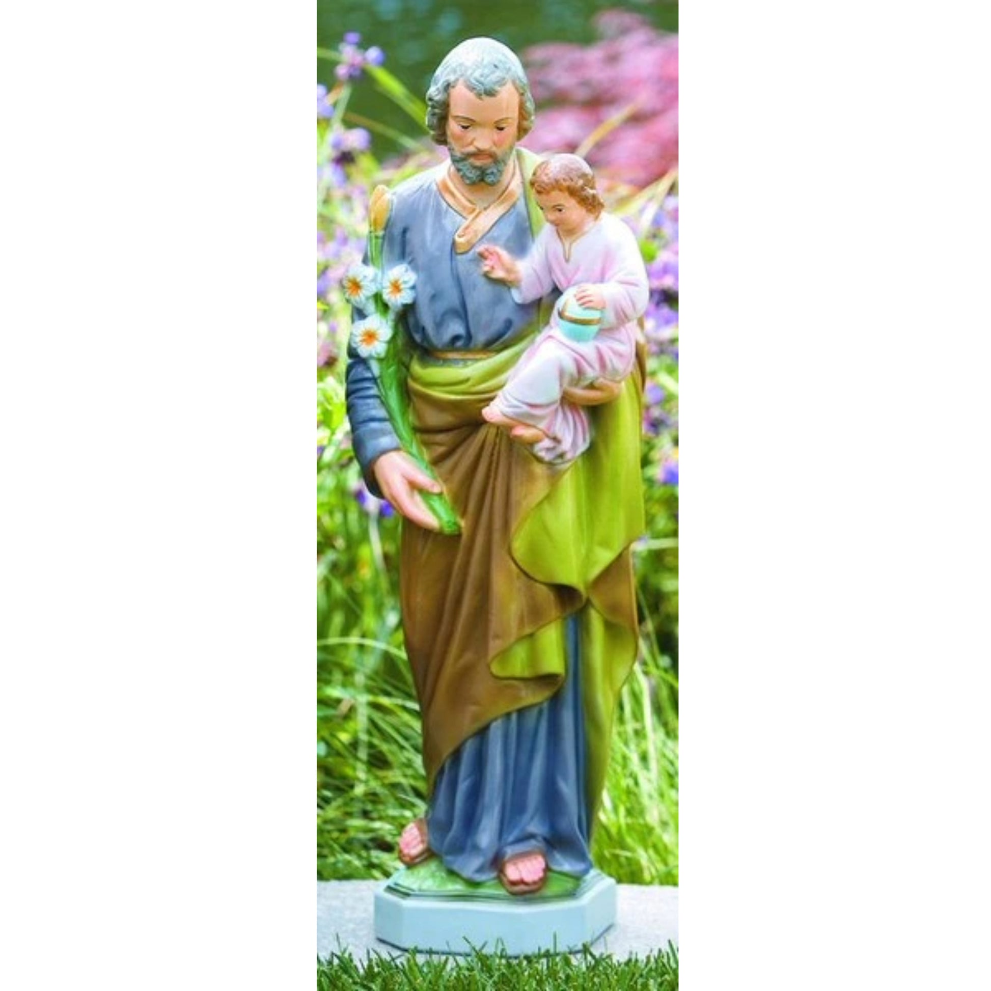 Saint Joseph With Child Sculpture figure holding lilies Christ Baby Statue