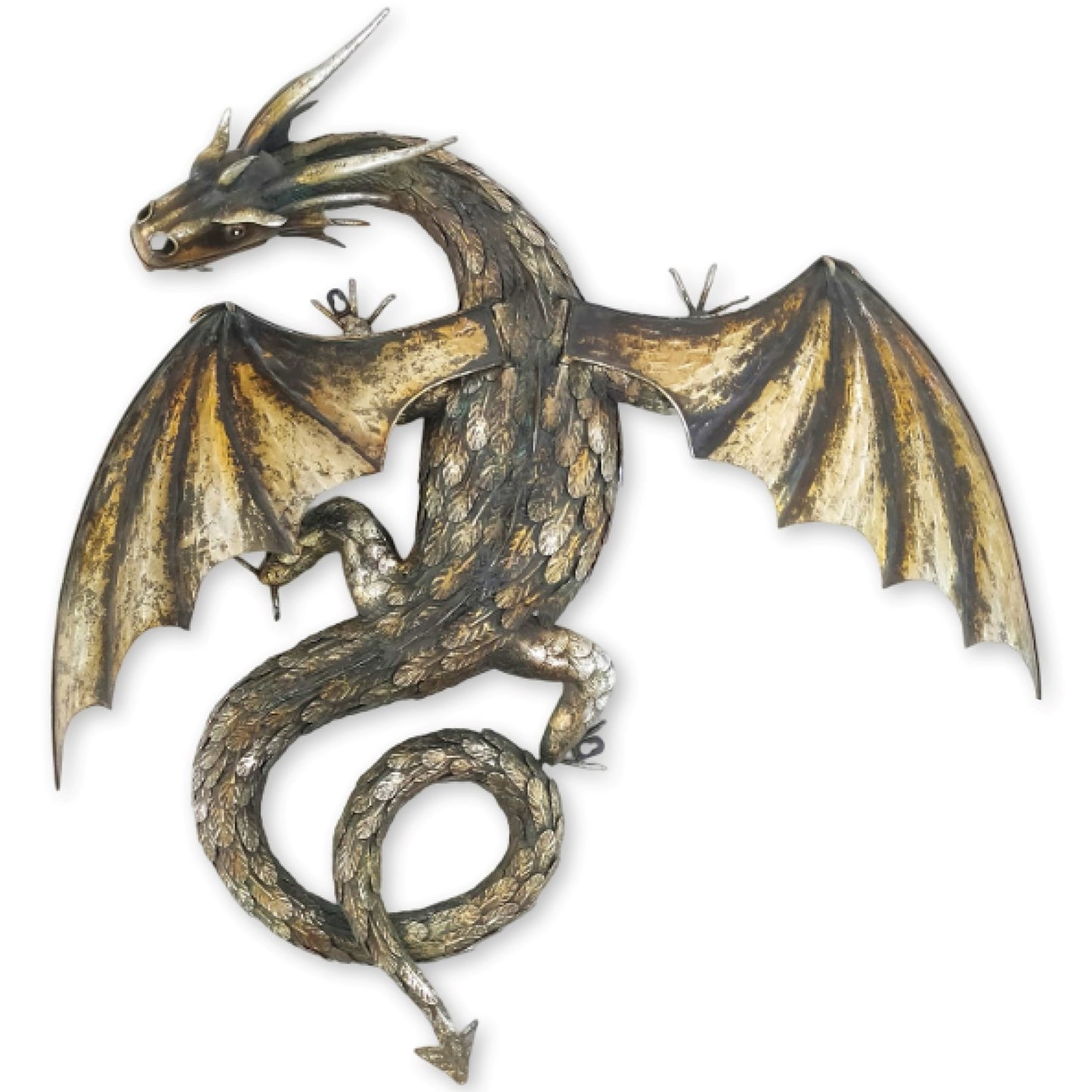 Decorative metal dragon wall sculpture on a white background