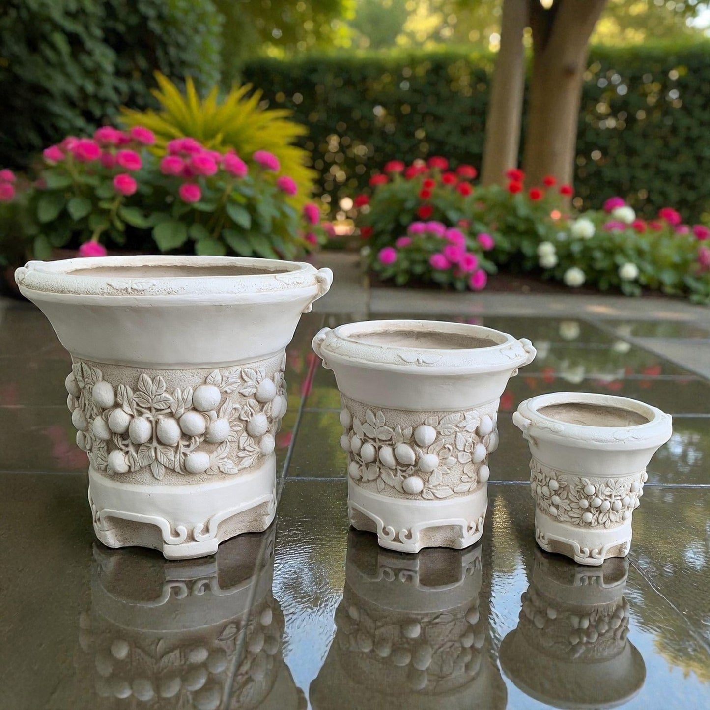 Set of 3 Assorted Italian lemon grove planters in antique white various sizes