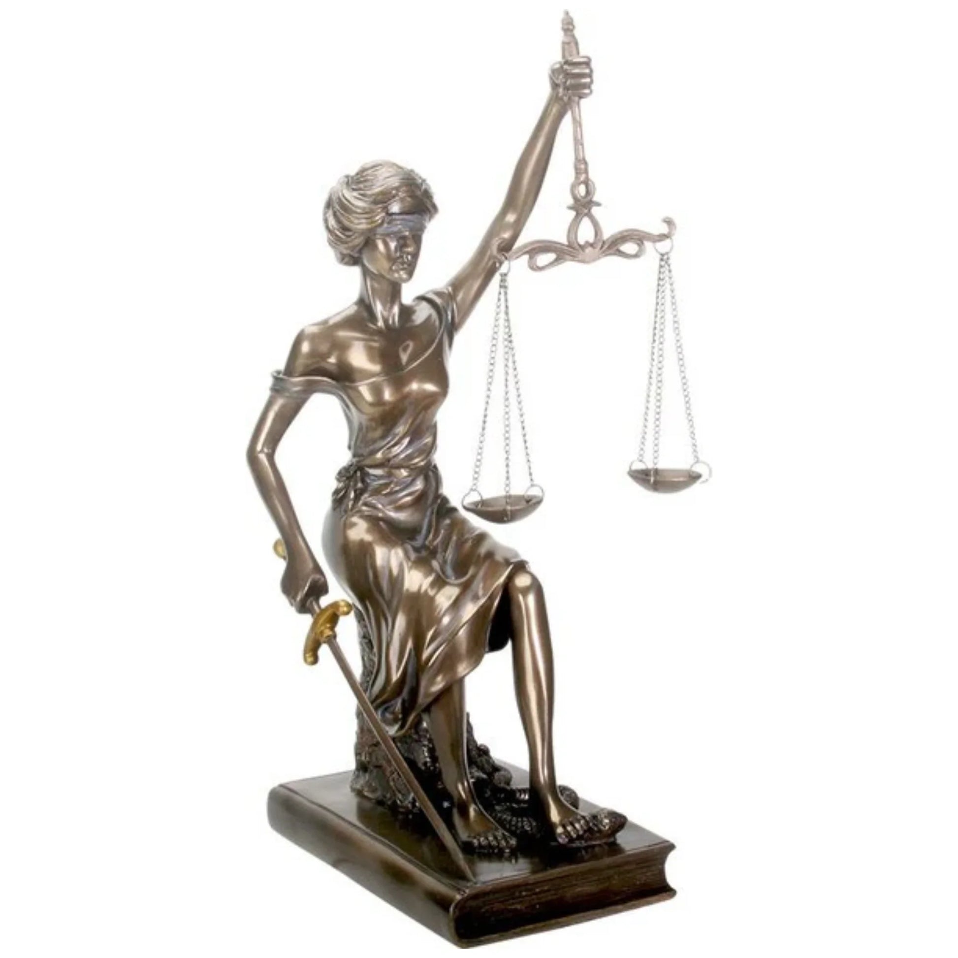 sitting blind lady justice in bronze, on a white background