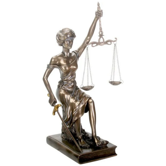 sitting blind lady justice in bronze, on a white background