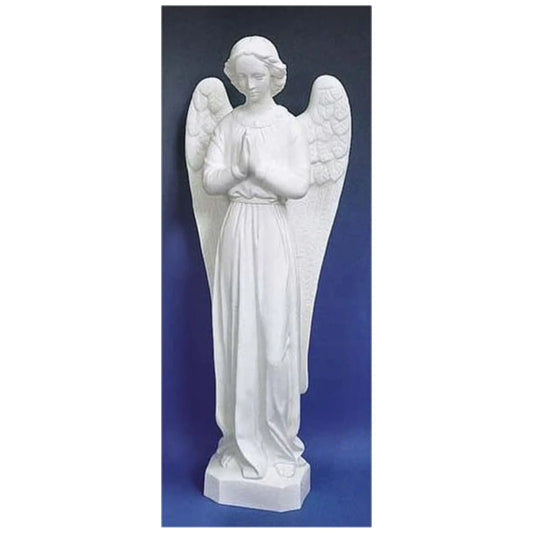 Graceful white angel statue with hands in prayer, flowing robe, and feathered wings, designed for durable display in gardens, memorials, or outdoor sanctuaries.