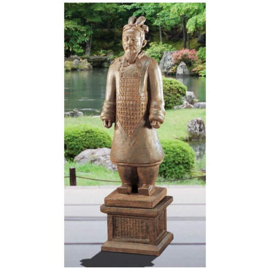 General Life-Size Statue Reproduction Terra-Cotta Warriors - Earth toned cloth backdrop - Statue is terra cotta in color.