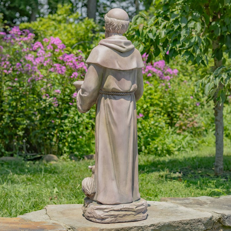 Back view Saint Francis of Assisi Garden Sculpture – Weather-Resistant Antique Grey