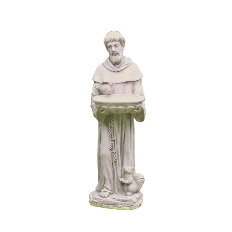 Statue of a religious figure holding a bird on a white background
