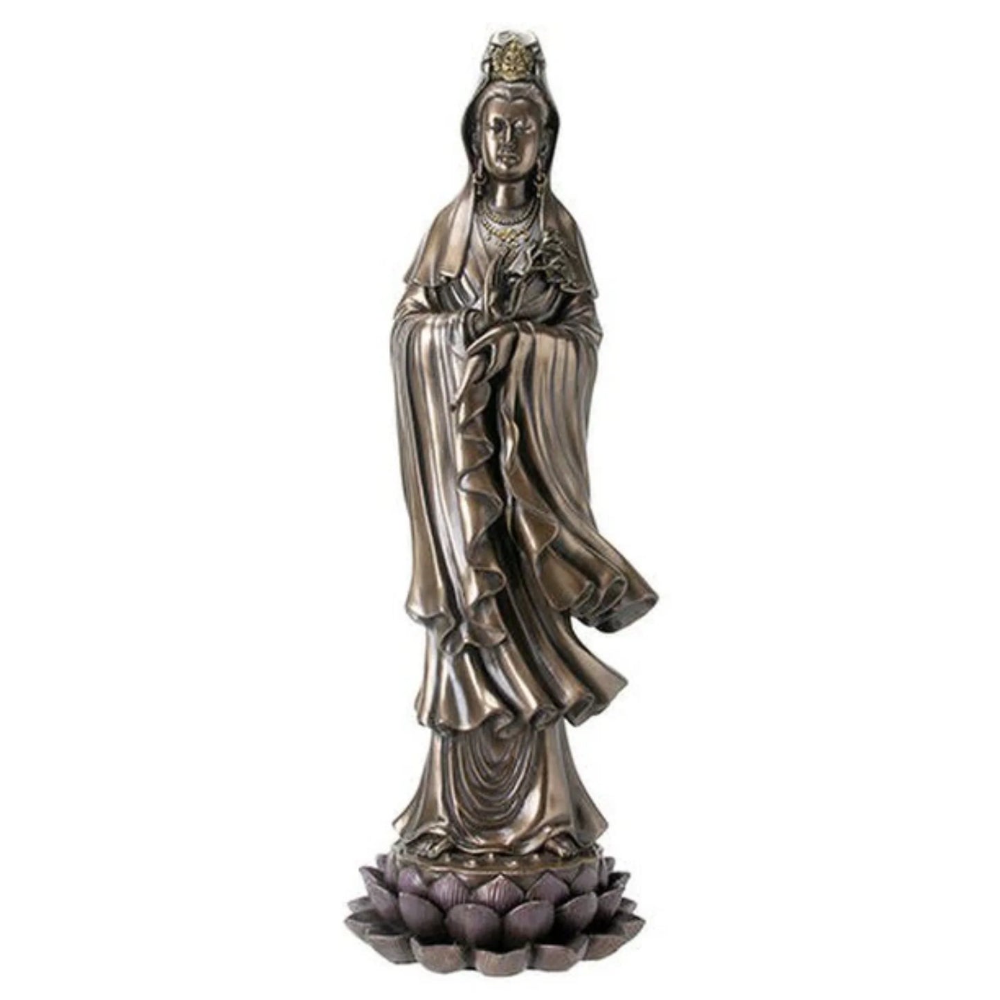 Statue of Guan-Yin in flowing robe with serene expression and ornate crown.