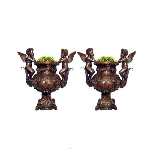 Two Cupids Bronze Planter Urn Pair Urns Vases Sculptural Statues