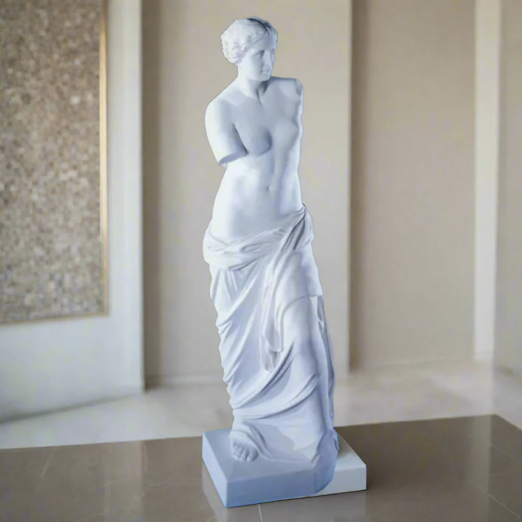 24-inch Venus De Milo marble statue on white marble background.