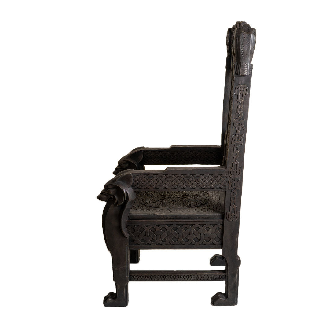 Viking Odin throne chair with raven carvings side view knotwork details