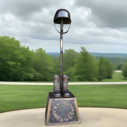 War Memorial Battle Cross Boots WW II with old era rifle on landscape background