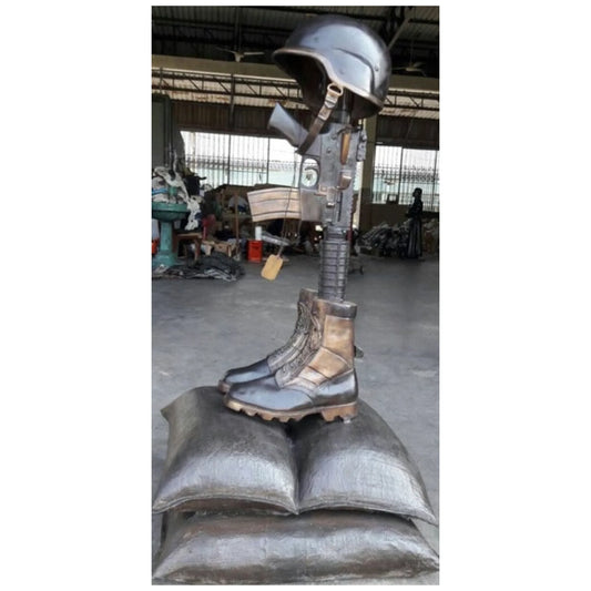 Bronze War Memorial Battle Cross Modern Boots Gun Sandbags Statue Military's Tribute Sculpture