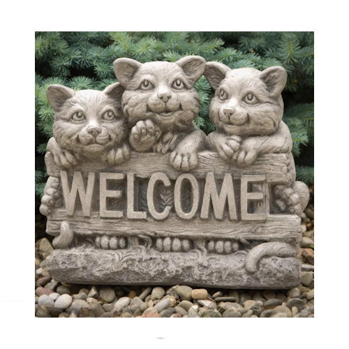 Welcome Kittens Statue Sign Words inscribed on Sculpture Three cats on fence