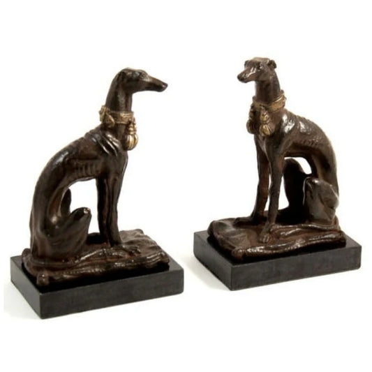 Bronze whippet dog bookends with regal collars, mounted on black marble bases. Elegant and functional dΓ©cor for dog lovers, home libraries, or office shelves.