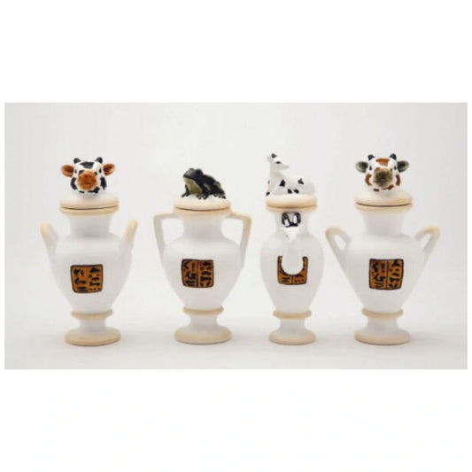 Four canopic jars or vases, a different design on each and a different animal on each lid.