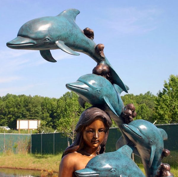 Close Up Mermaid with 8 Dolphins enchanting sculpture bronze